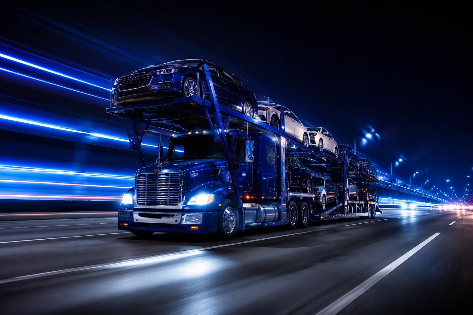 Car carrier moving fast on a night highway with light trails