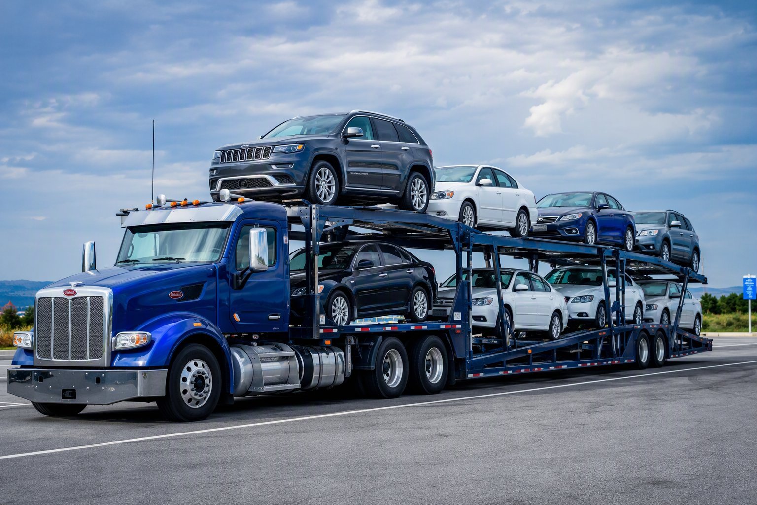 Open car carrier trailer loaded with sedans and SUVs